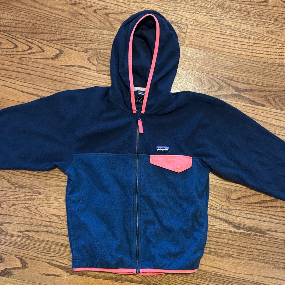 Patagonia Kids Fleece Hoodie in Navy and Coral